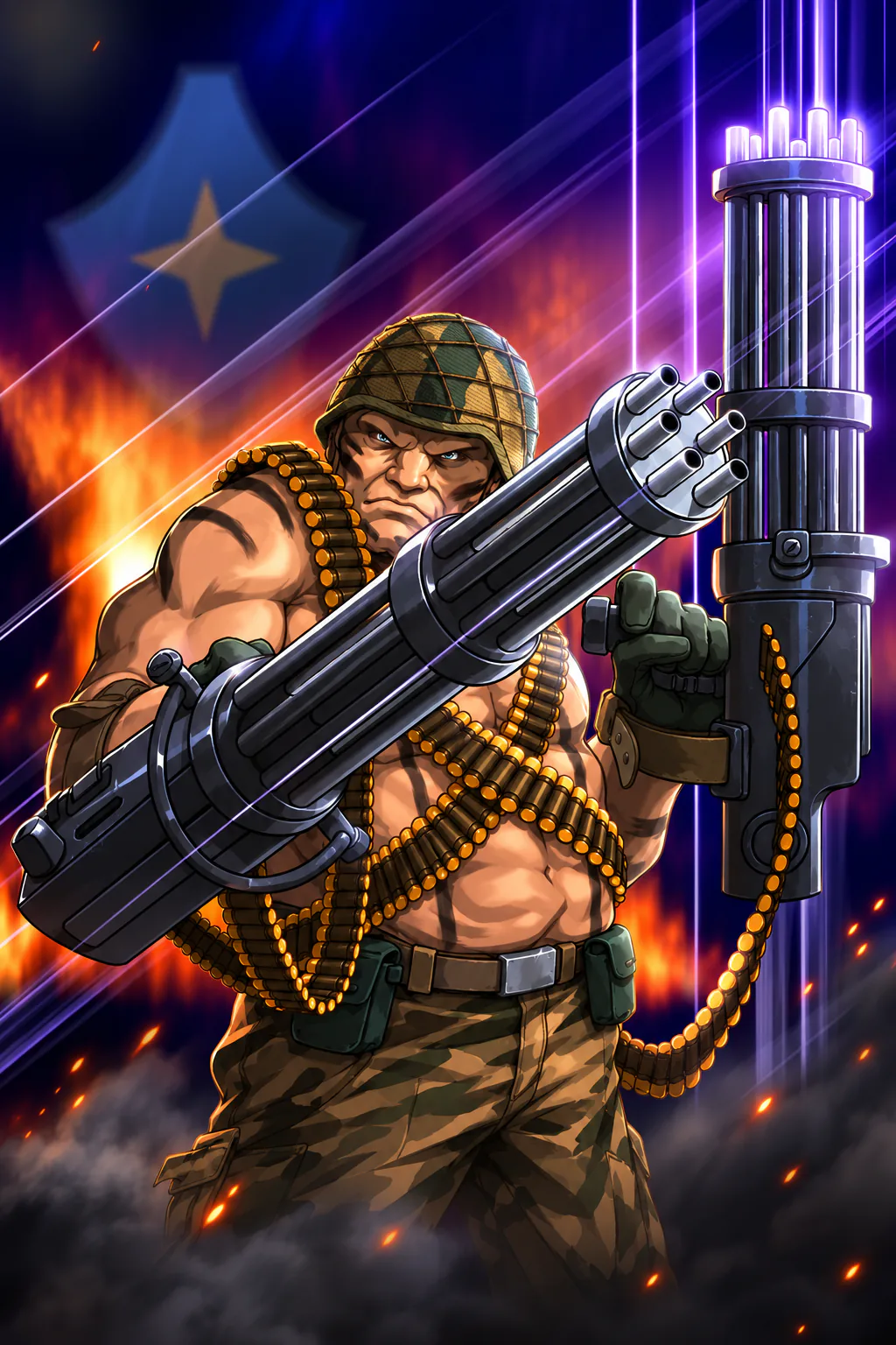 Gatlord of the Squad, a rotary gun braced on his shoulder, fire behind him.
