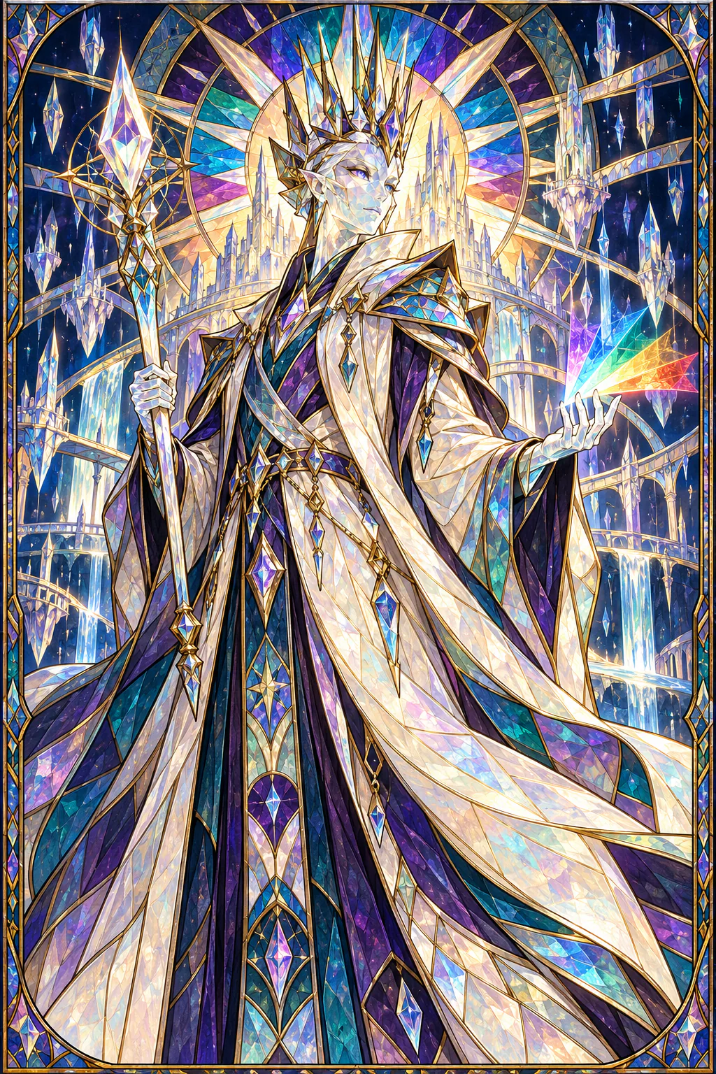 The Prismarch, a crowned figure of living glass holding a staff, shards floating around it.
