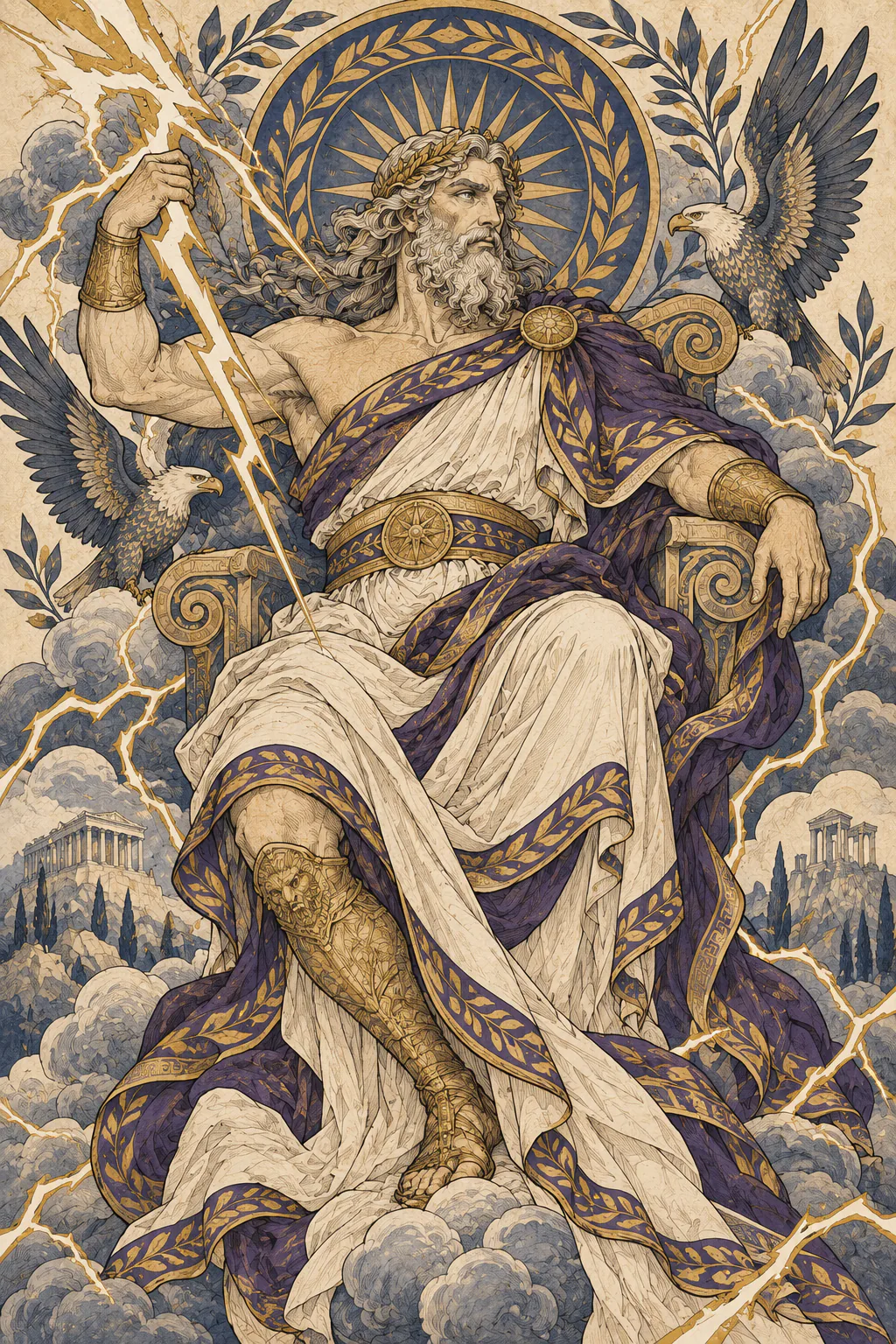 Zeus of Olympus, crowned in laurel, a thunderbolt raised in his fist.