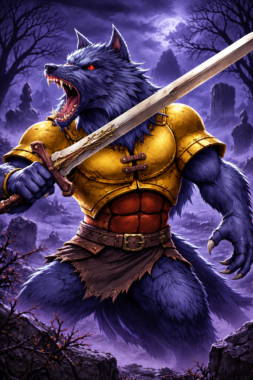 Lycan, the werewolf knight of the Graveyard, sword raised under a violet moon.