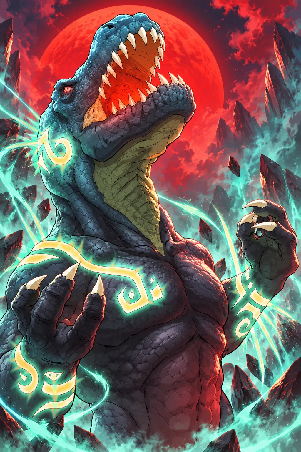 Tyrus, the great lizard of the Jungle, jaws open, glowing runes along his arms.