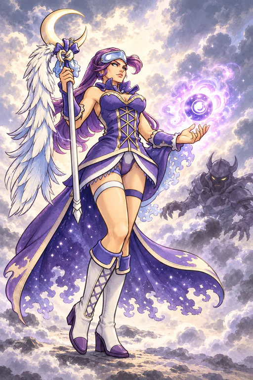 Onyria, queen of dreams of Wonderland, in violet robes, a dream orb glowing in her hand.