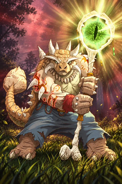 Sylex of the Jungle, holding up a glowing staff.